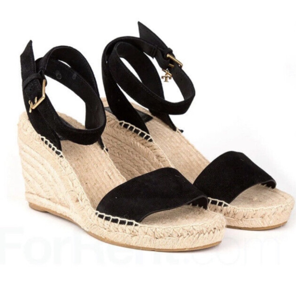 TORY BURCH Laurel Espadrille Wedge Sandal Black suede